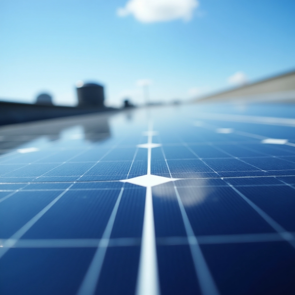 Detail fotovoltaických panelů na střeše bytového domu s technickými prvky